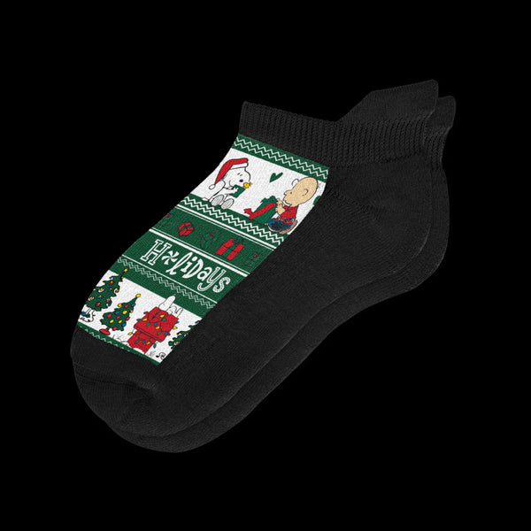 Happy Holidays Peanuts Winter Collection Black Ankle Socks From Viasox Flat View