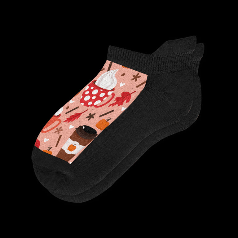 Fall Themed Pumpkin Spice Latte Black Ankle Socks From Viasox - Flat View