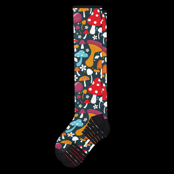 Fall Themed Colorful Mushrooms Galore Compression Socks Black From Viasox - Flat View