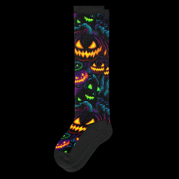 Spooky Electric Pumpkins Black EasyStretch™ Diabetic Socks From Viasox - Flat View