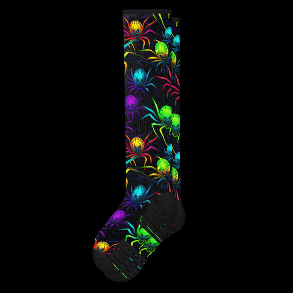 Spooky Colorful Creepy Crawlies Spider Black Compression Socks from Viasox - Flat View