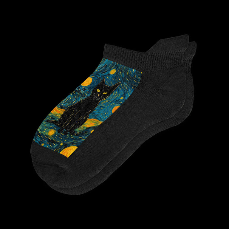 Black Cat and Starry Night Black Ankle Socks From Viasox - Flat View