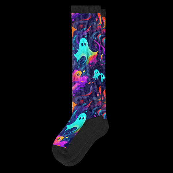 Spooky Colorful Neon Ghosts Black EasyStretch™ Diabetic Socks From Viasox - Flat View